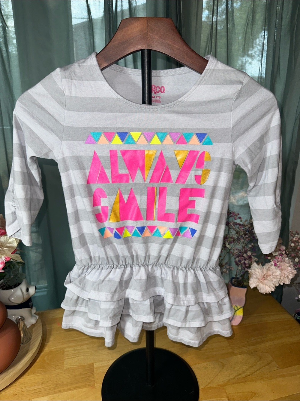 Children's 'Always Smile' Striped Peplum Top - Pink/Gray